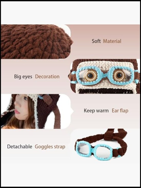 Pilot Crochet Beanie with Goggles, Knit Warm Hat with Ear Flap, Winter Cosplay main image 4